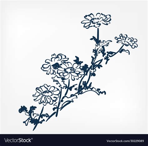 Ink Flower Sketch Japanese Chinese Oriental Line Vector Image