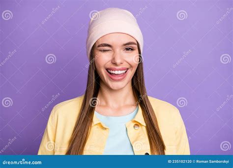 Portrait Of Optimistic Straight Hairdo Girl Blink Wear Cap Jacket