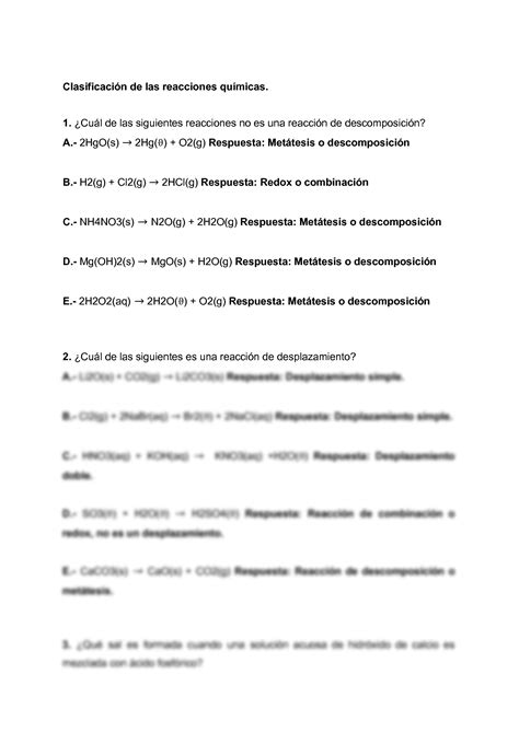 SOLUTION Ejercicios 1 12 Clasificaci N De Las Reacciones Qu Micas