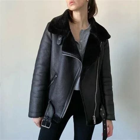 Zara Black Faux Shearling Leather Moto Jacket Size Sm Gem