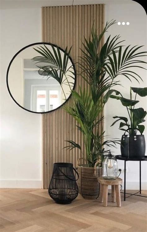 Some Plants Are Sitting In Front Of A Mirror On The Wall Next To A Table