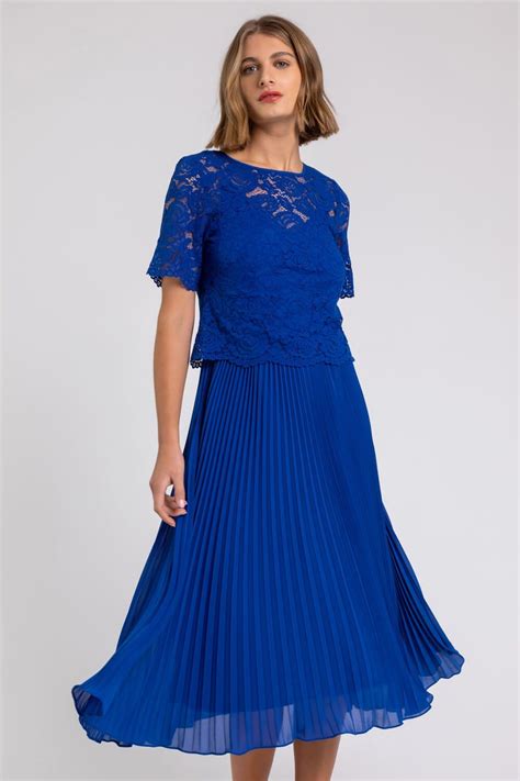 Lace Top Overlay Pleated Midi Dress In Royal Blue Roman Originals Uk