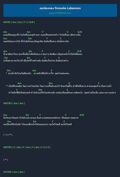 คอร์ดเพลง รักคนผิด Labanoon คอร์ดกีตาร์ เนื้อเพลง