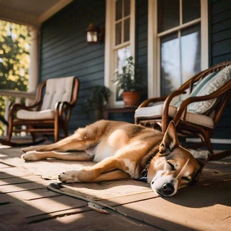 Premium Photo A Dog Sleeping On The Porch With A Rocking Chair In The