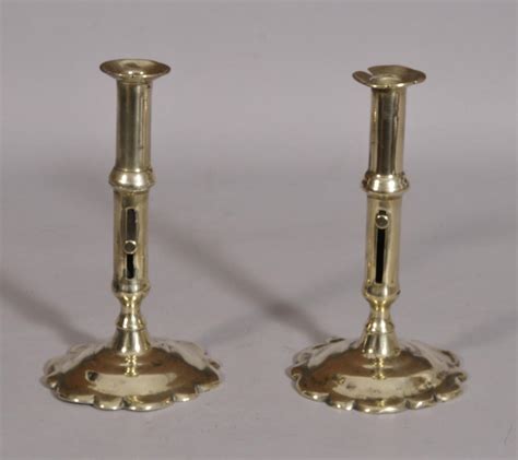 S 3242 Antique 18th Century Pair Of Brass Candlesticks Bada