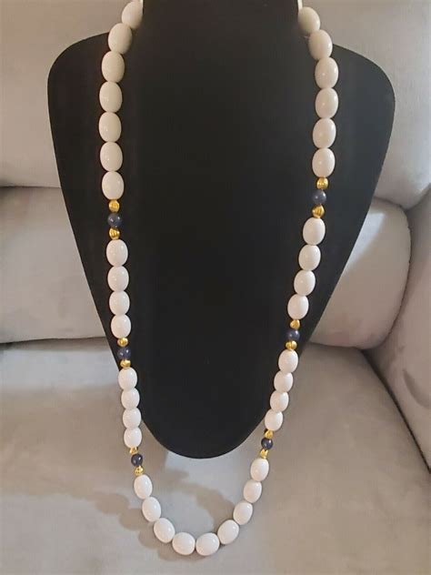 Vintage Huge Monet White Beaded Opera Necklace Navy A Gem