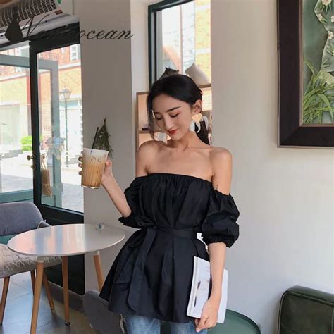 Sexy Women Slim Black Slash Neck Off Shoulder Blouse Womans Casual