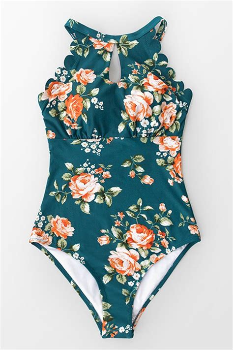 Teal Floral Scalloped One Piece Swimsuit Scalloped One Piece Swimsuit