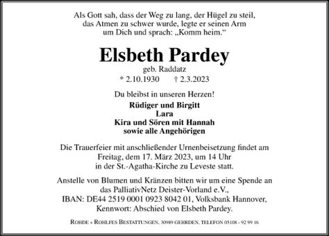 Traueranzeigen Von Elsbeth Pardey Trauer Anzeigen De