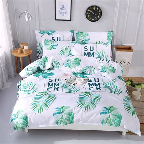 Tropical Green Plant Leaves Print Duvet Cover Sets Pc Queen Twin Size