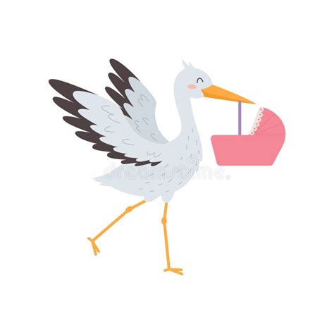 Cute Smiling Stork Bird Carrying Pink Cradle Flat Style Vector