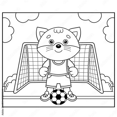 Coloring Page Outline Of Cartoon Little Cat Playing Soccer Football