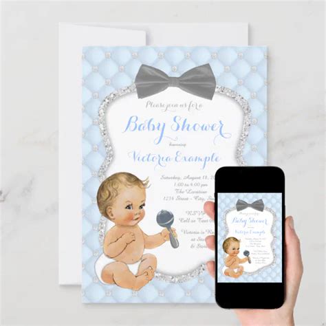 Blue Gray Bow Tie Boy Baby Shower Invitation Zazzle