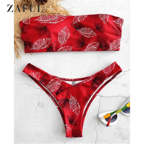 ZAFUl Side Boning Leaf Bandeau Thong Bikini Set Swimwear Women High Cut