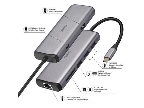 SSK USB C Hub 8 In 1 Type C Multiport Hub Adapter With RJ45 Ethernet