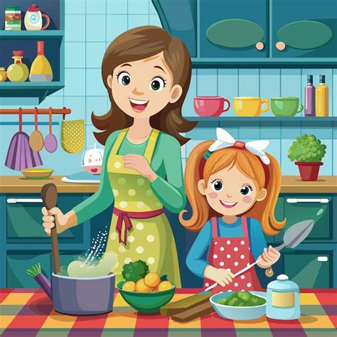 Une illustration de dessin animé d une femme cuisinant avec une fille