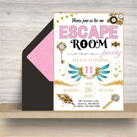 Escape Room Birthday Invitation Gold And Pink Mystery Birthday Invitation Party Editable