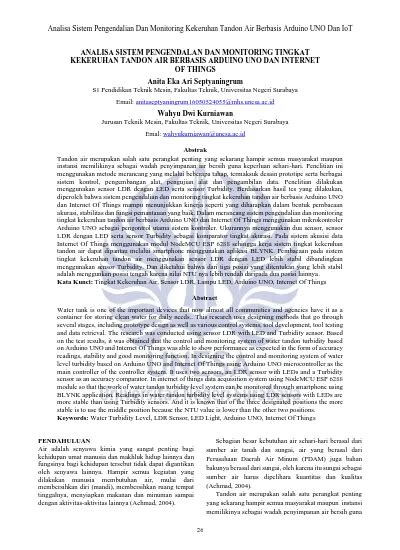 Analisa Sistem Pengendalian Dan Monitoring Kekeruhan Tandon Air Berbasis Arduino Uno Dan Iot