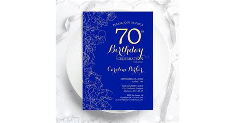 Royal Blue Gold Floral 70th Birthday Party Invitation Zazzle