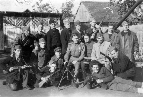 Группа югославских партизан с советскими офицерами — военное фото