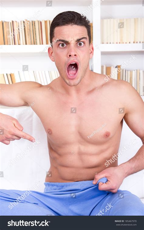 Surprised Half Naked Man Pointing Finger Stock Photo 185467970