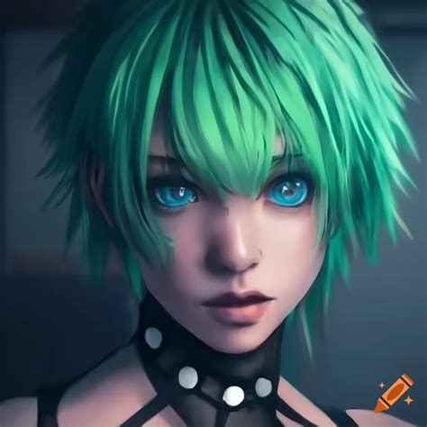 Detailed Portrait Of A Green Haired Anime Character In A Garage On Craiyon