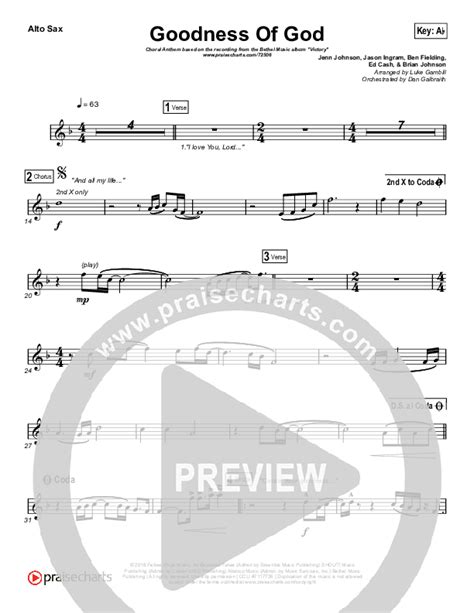 Goodness Of God Choral Anthem Alto Sax Sheet Music Pdf Bethel Music Arr Luke Gambill