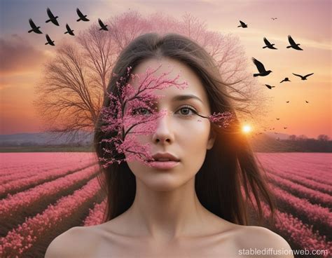 Fusion Of Woman S Face And Nature In Sunset Field Stable Diffusion Online