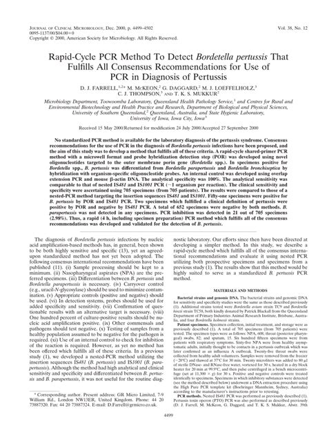 PDF Rapid Cycle PCR Method To Detect Bordetella Pertussis That