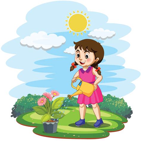 Cute Little Girl Watering The Plant Vector Illustration 20240659 Vector