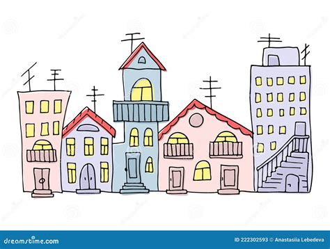 Town With Colorful Doodle Houses Cartoon Vector