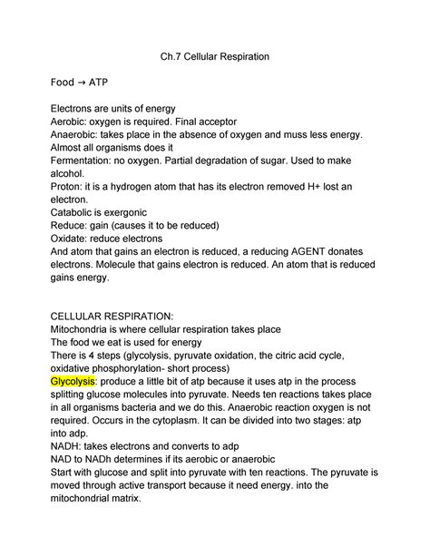 Ch 7 Cellular Respiration Ch Cellular Respiration Food → Atp