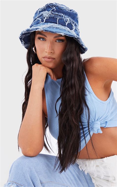 Blue Denim Ripped Detail Bucket Hat Prettylittlething Ksa