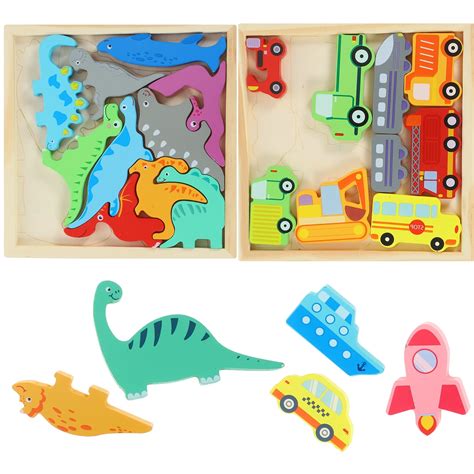 2 Boxes Children's Educational Puzzle Puzzles Kids Toys Animal Toddlers Dinosaur Wooden for ...