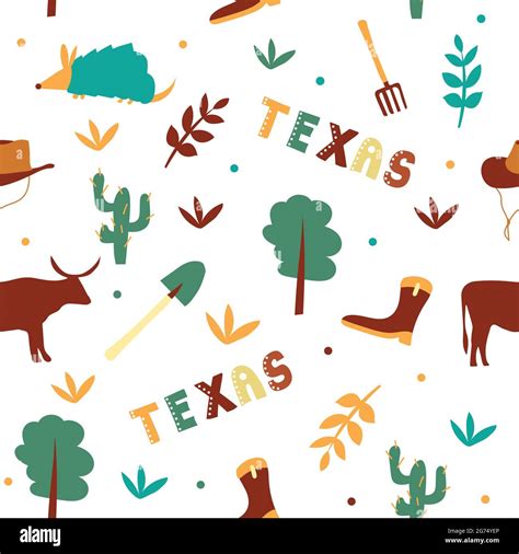 Usa Collection Vector Illustration Of Texas Theme State Symbols Seamless Pattern Stock