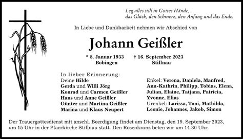 Traueranzeigen Von Johann Gei Ler Augsburger Allgemeine Zeitung