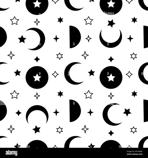 Monochrome Seamless Pattern With Black And White Moon And Stars On