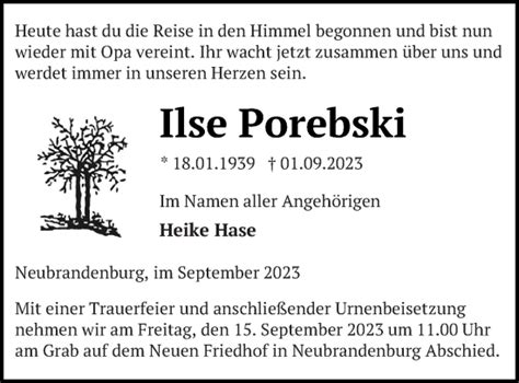 Traueranzeigen Von Ilse Porebski Trauer Nordkurier