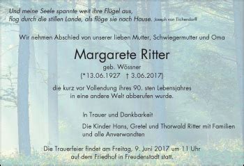 Traueranzeigen Von Margarete Ritter Schwarzw Lder Bote Trauer