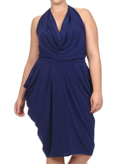 Plus Size Halter Cowl Neck V Hem Blue Dress Plussizefix