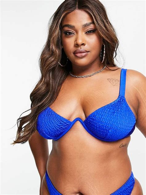 South Beach Curve Exclusive Crinkle Underwire Bikini Top In Blue UK 26