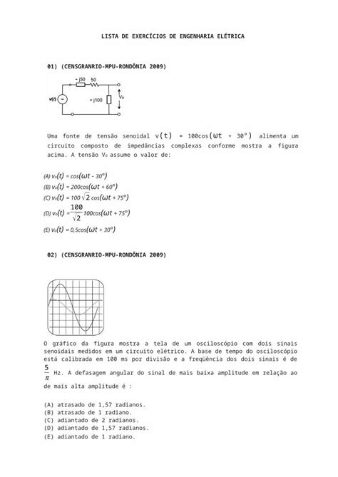 Docx Lista De ExercÍcios De Engenharia ElÉtrica Dokumen Tips