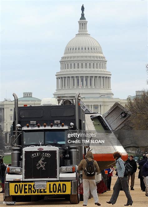 The NASA Orion Crew Exploration Vehicle arrives on a flatbed truck ...