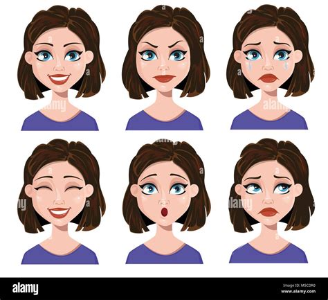 Facial Expressions Of A Woman Different Female Emotions Set Cute Lady