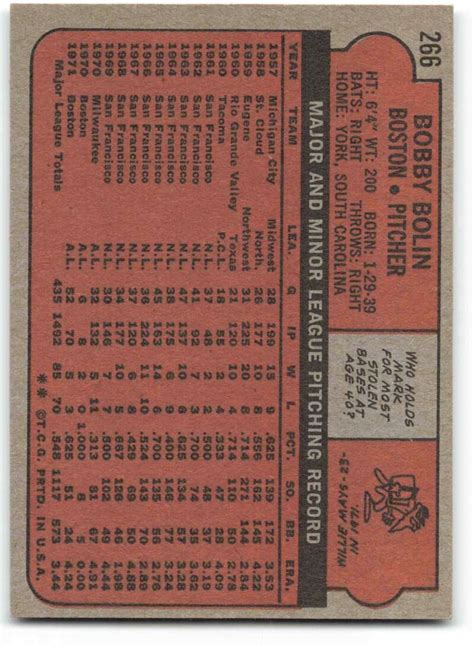 1972 Topps 266 Bobby Bolin EX NM Red Sox ID 276281 EBay