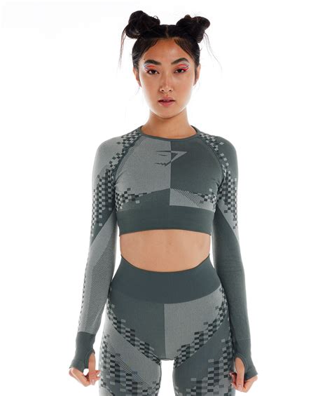 Gymshark Wtflex Cyborg Seamless Long Sleeve Crop Top Charcoal Grey Black Light Grey Gymshark