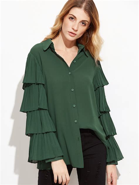 Dark Green Pleated Layered Sleeve Blouse Layered Sleeve Blouse Fall