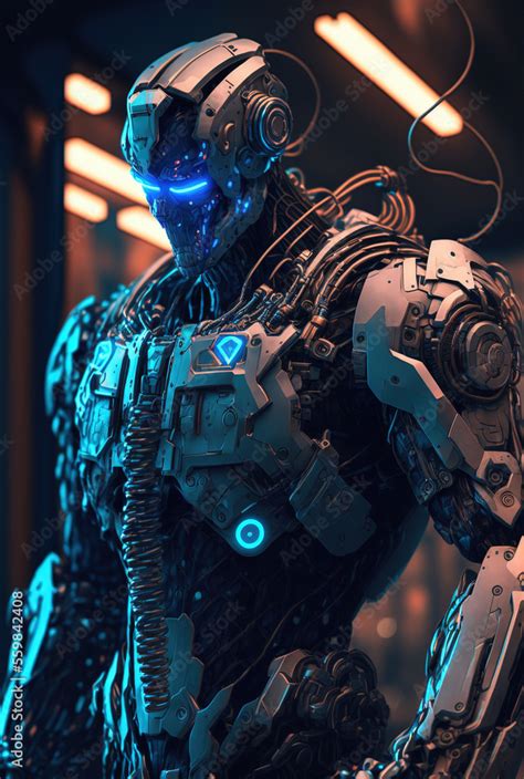 Cyberpunk Mech Cyborg Soldier Metal Equipment Neon Cyberpunk Blue