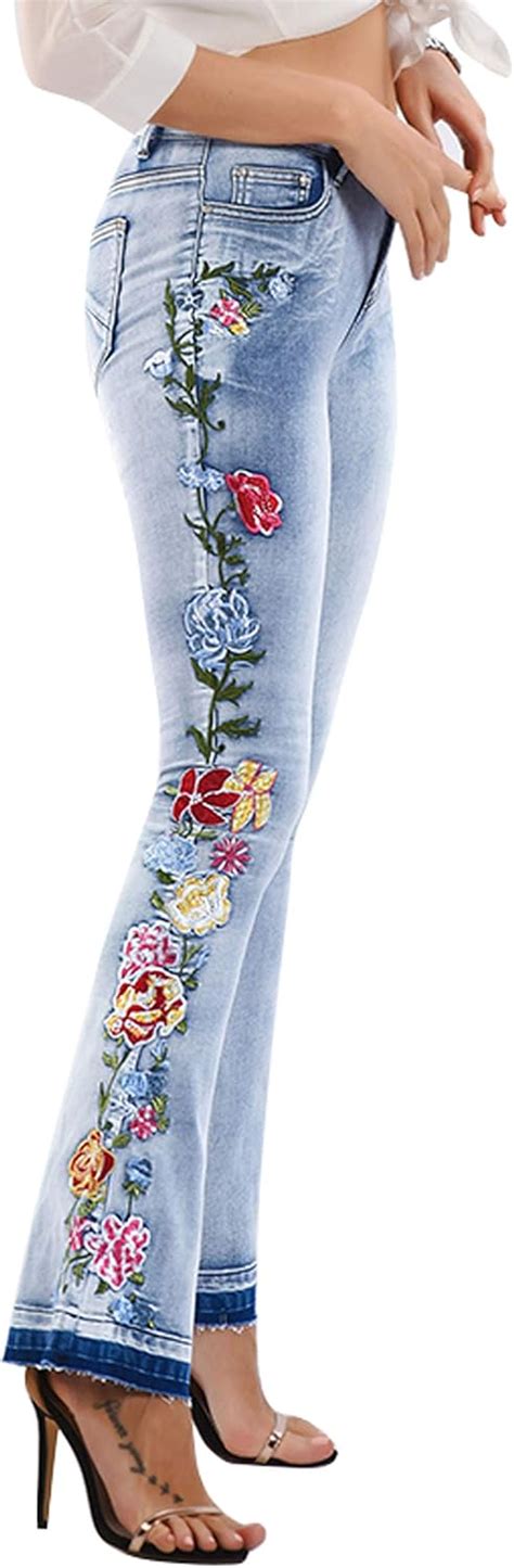 Chartou Damen Jeans Mit Blumenmuster Bestickt Hohe Hohe