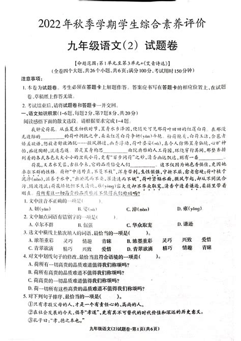 云南省昭通市正道高级完全中学2022—2023学年九年级上学期学生综合素质评价语文试题（二）（pdf版含解析） 21世纪教育网